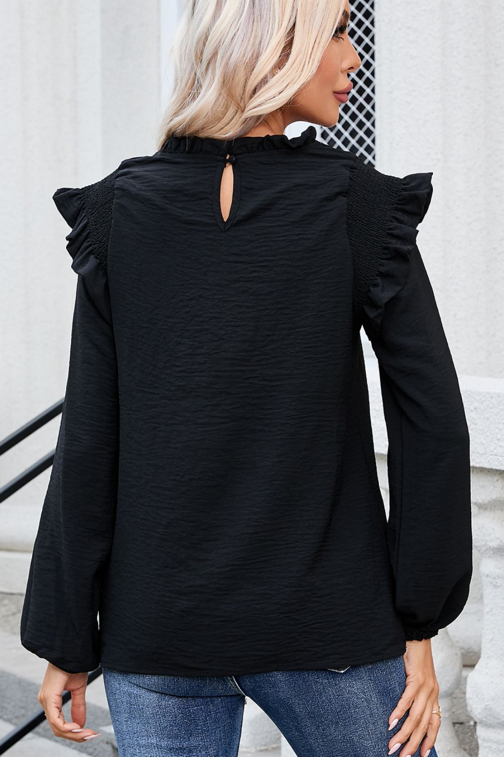Frill Mock Neck Ruffled Balloon Sleeve Blouse - Charming Charlie