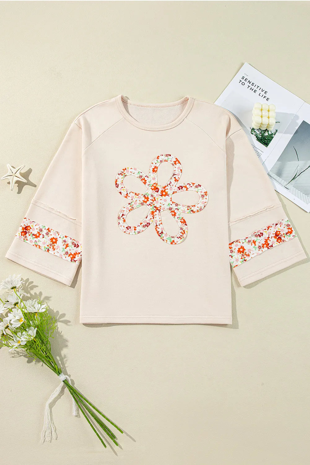 Exposed Seam Slit Floral Round Neck Blouse - Charming Charlie
