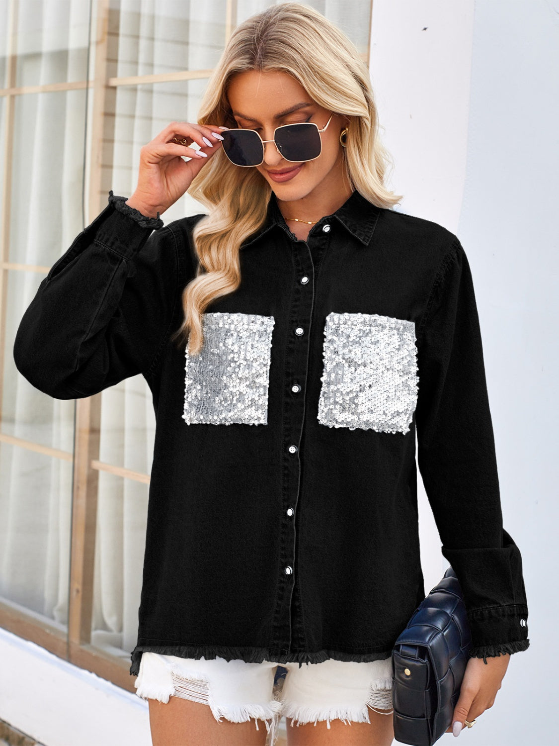 Raw Hem Button Up Long Sleeve Denim Jacket with Sequin Pockets - Charming Charlie