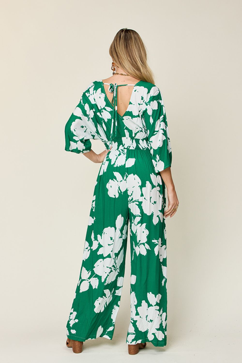 Double Take Full Size Printed Tie Back Wide Leg Jumpsuit - Charming Charlie