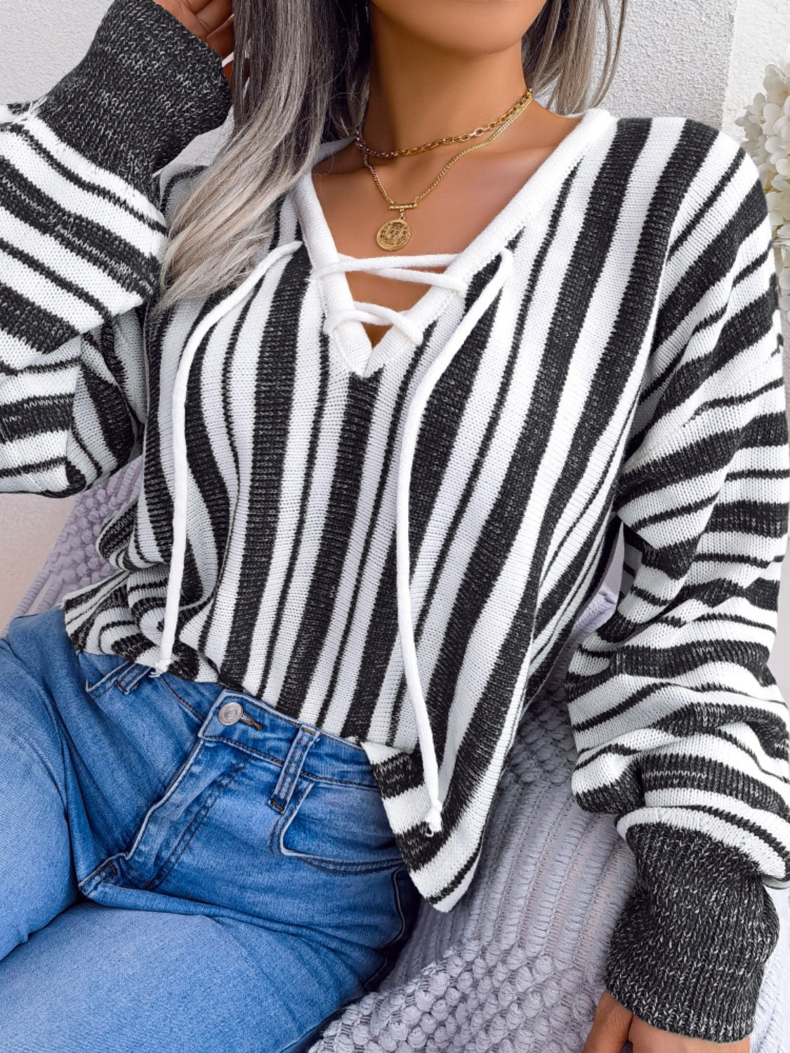 Striped Lace-Up Long Sleeve Sweater - Charming Charlie
