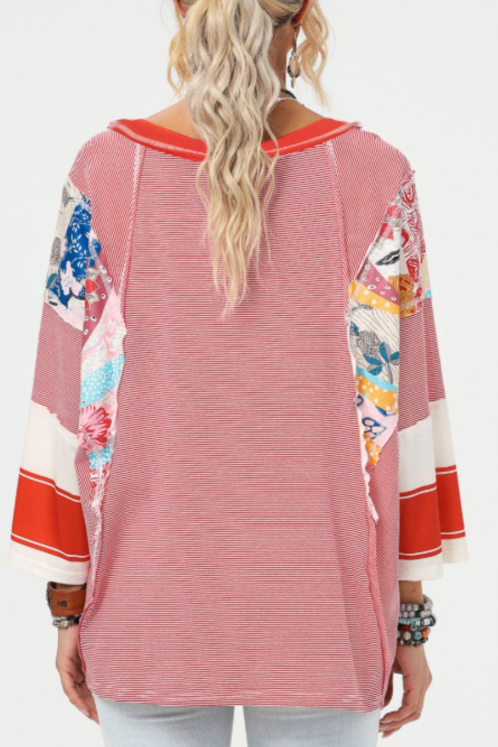 Striped Floral Patchwork Round Neck Top - Charming Charlie