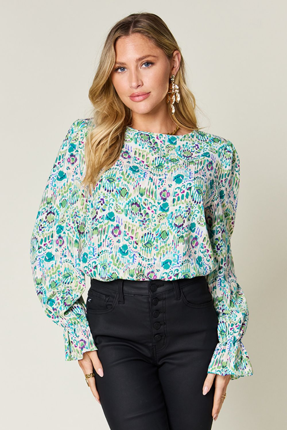 Double Take Full Size Printed Flounce Sleeve Blouse - Charming Charlie