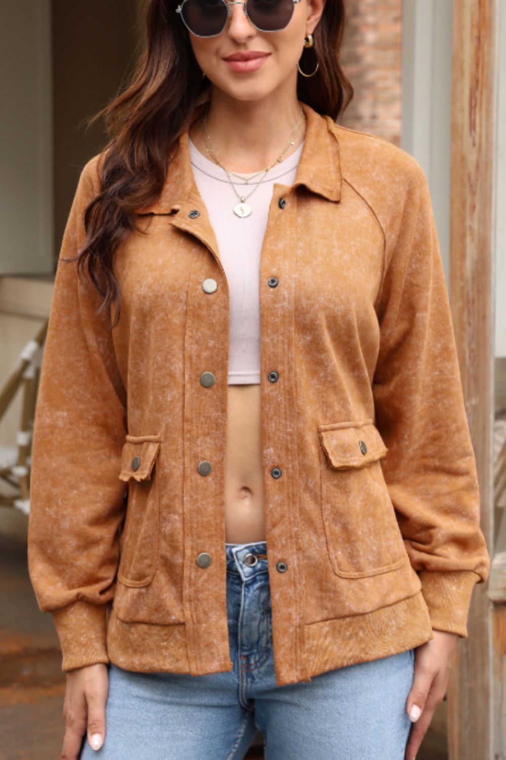 Snap Down Flap Pocket Long Sleeve Shacket - Charming Charlie