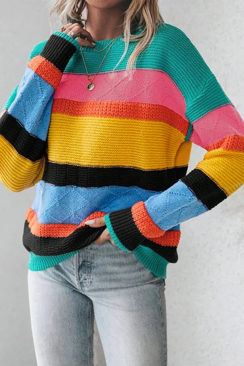 Contrast Round Neck Dropped Shoulder Sweater - Charming Charlie