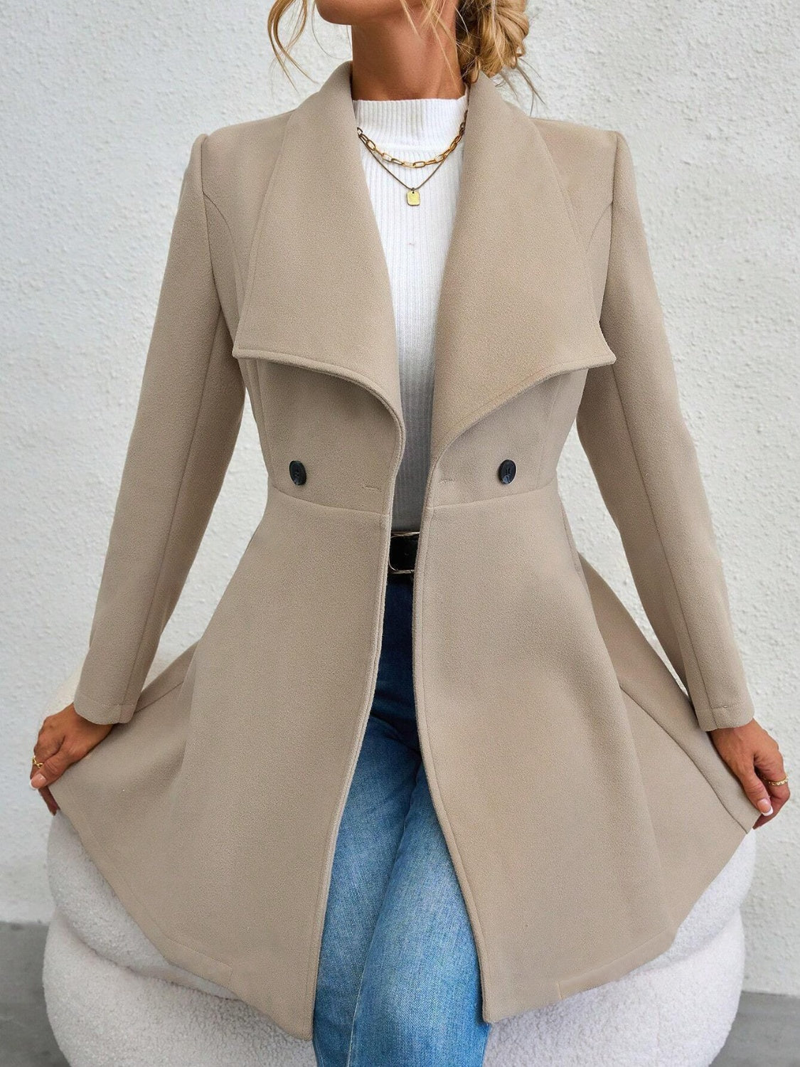 Collared Neck Button Up Long Sleeve Coat - Charming Charlie