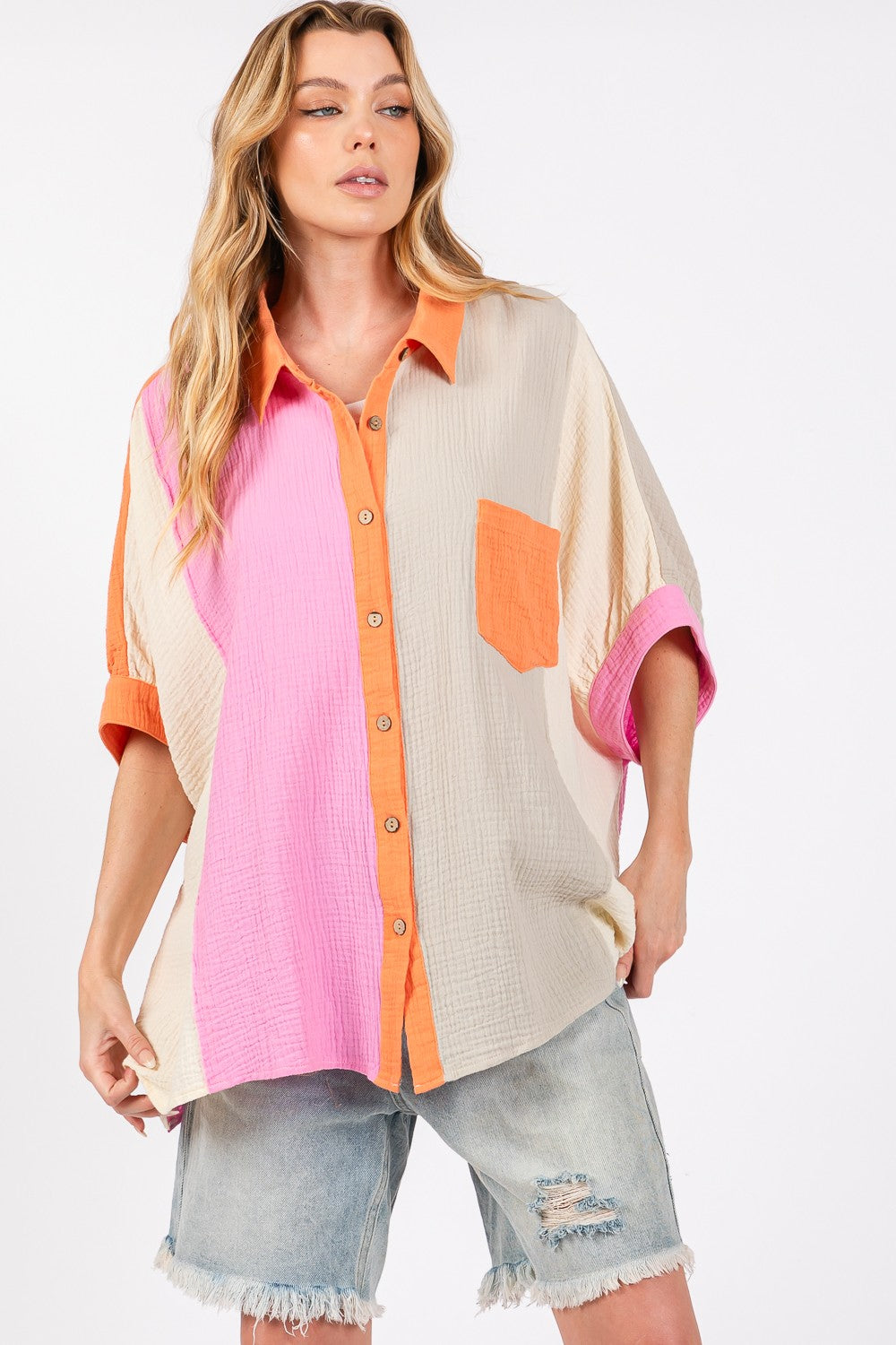 SAGE + FIG Full Size Color Block Button-Down Shirt - Charming Charlie