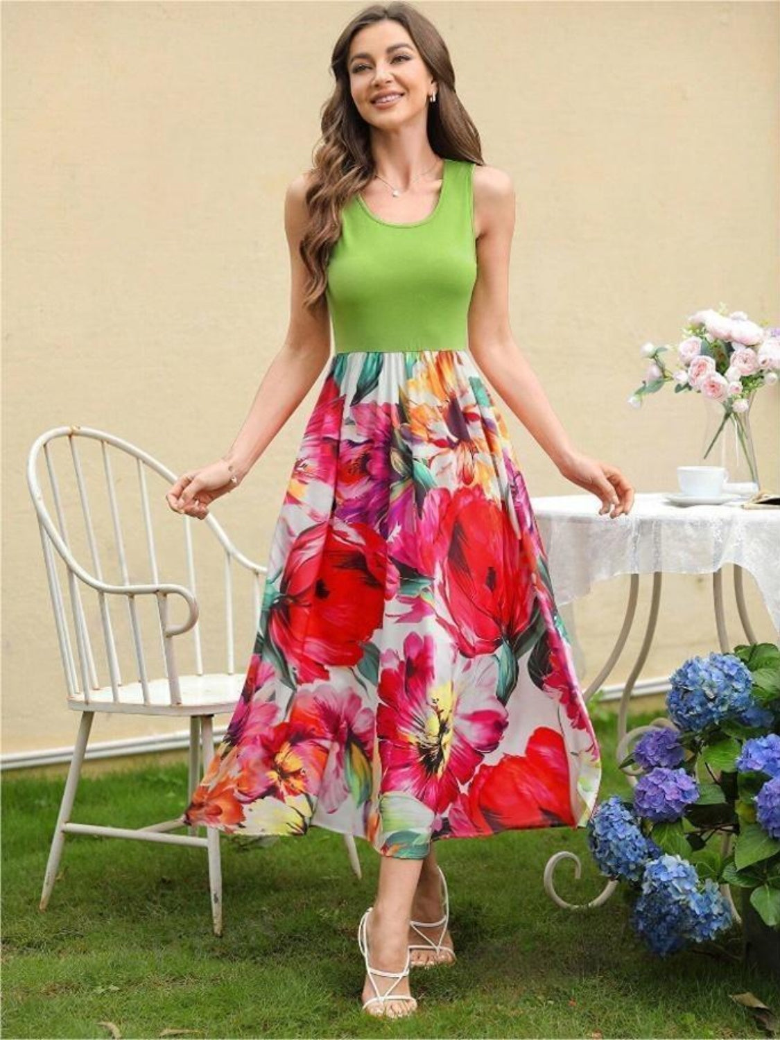 Printed Round Neck Sleeveless Dress - Charming Charlie