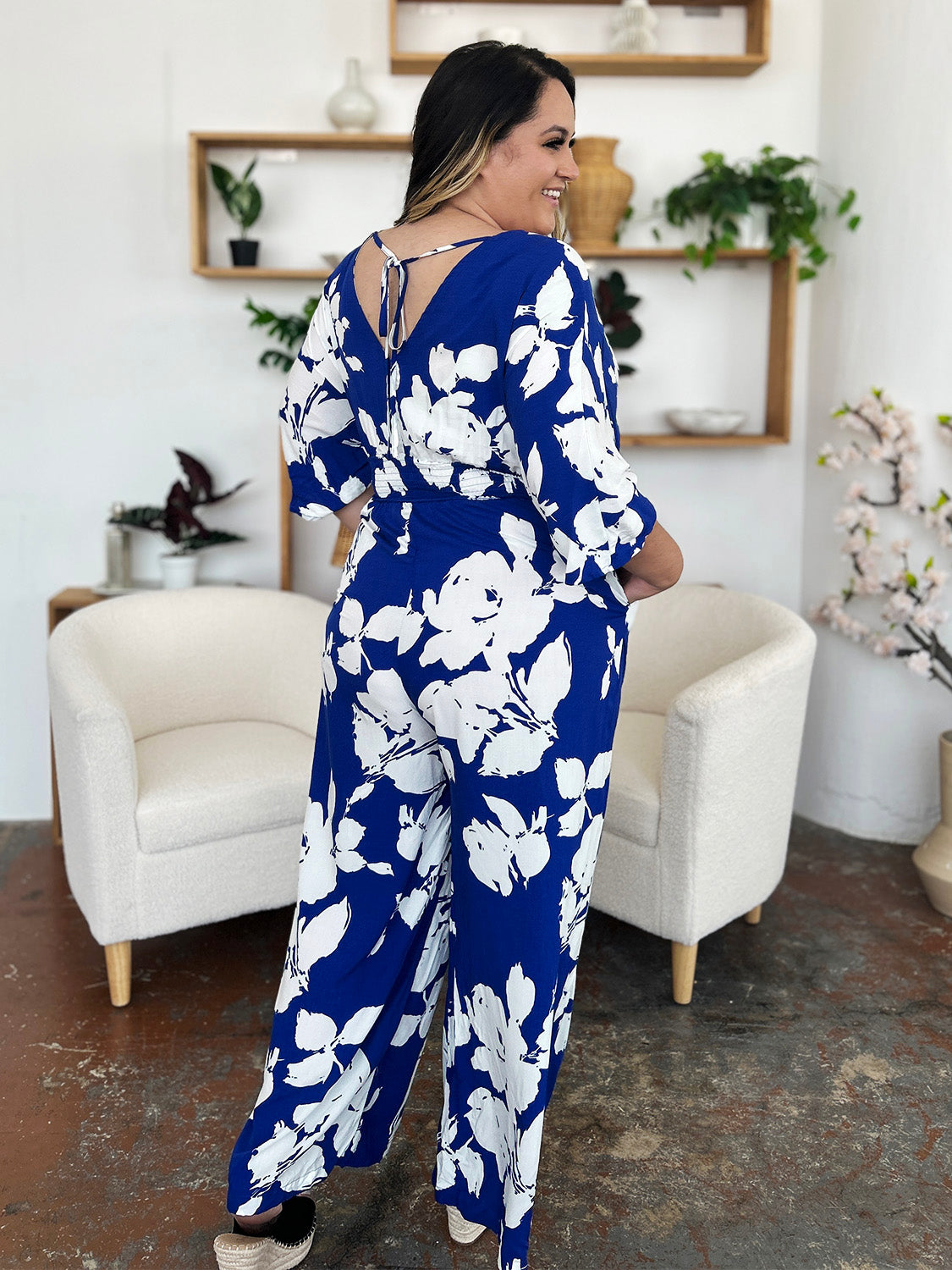 Double Take Full Size Printed Tie Back Wide Leg Jumpsuit - Charming Charlie