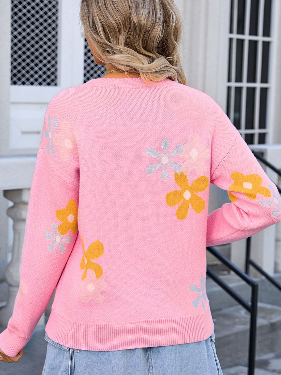 Flower Round Neck Dropped Shoulder Sweater - Charming Charlie