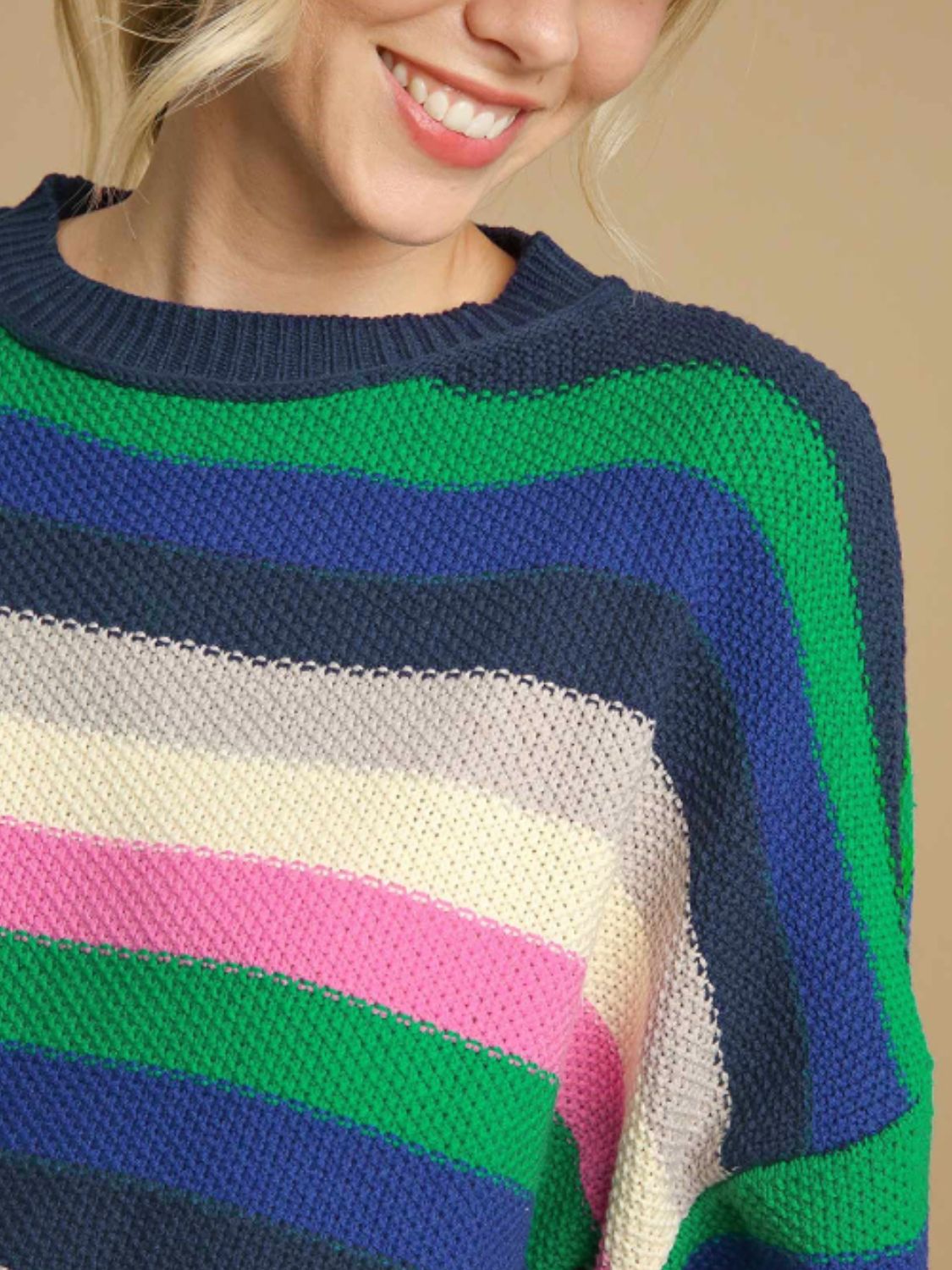 Contrast Striped Round Neck Long Sleeve Sweater - Charming Charlie