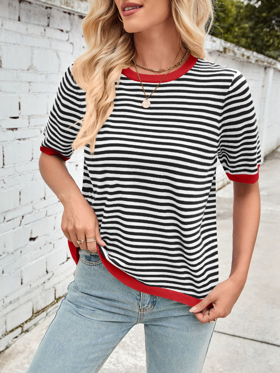 Lovelet Striped Contrast Round Neck Half Sleeve Knit Top - Charming Charlie