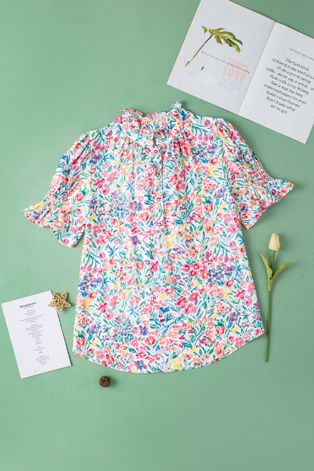 Printed Notched Short Sleeve Blouse - Charming Charlie
