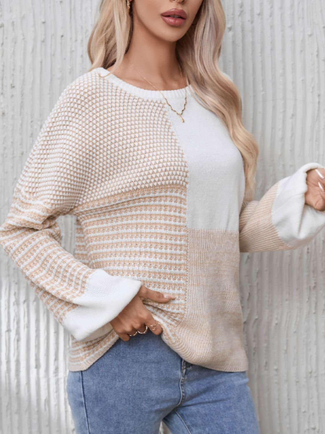Contrast Round Neck Long Sleeve Sweater - Charming Charlie