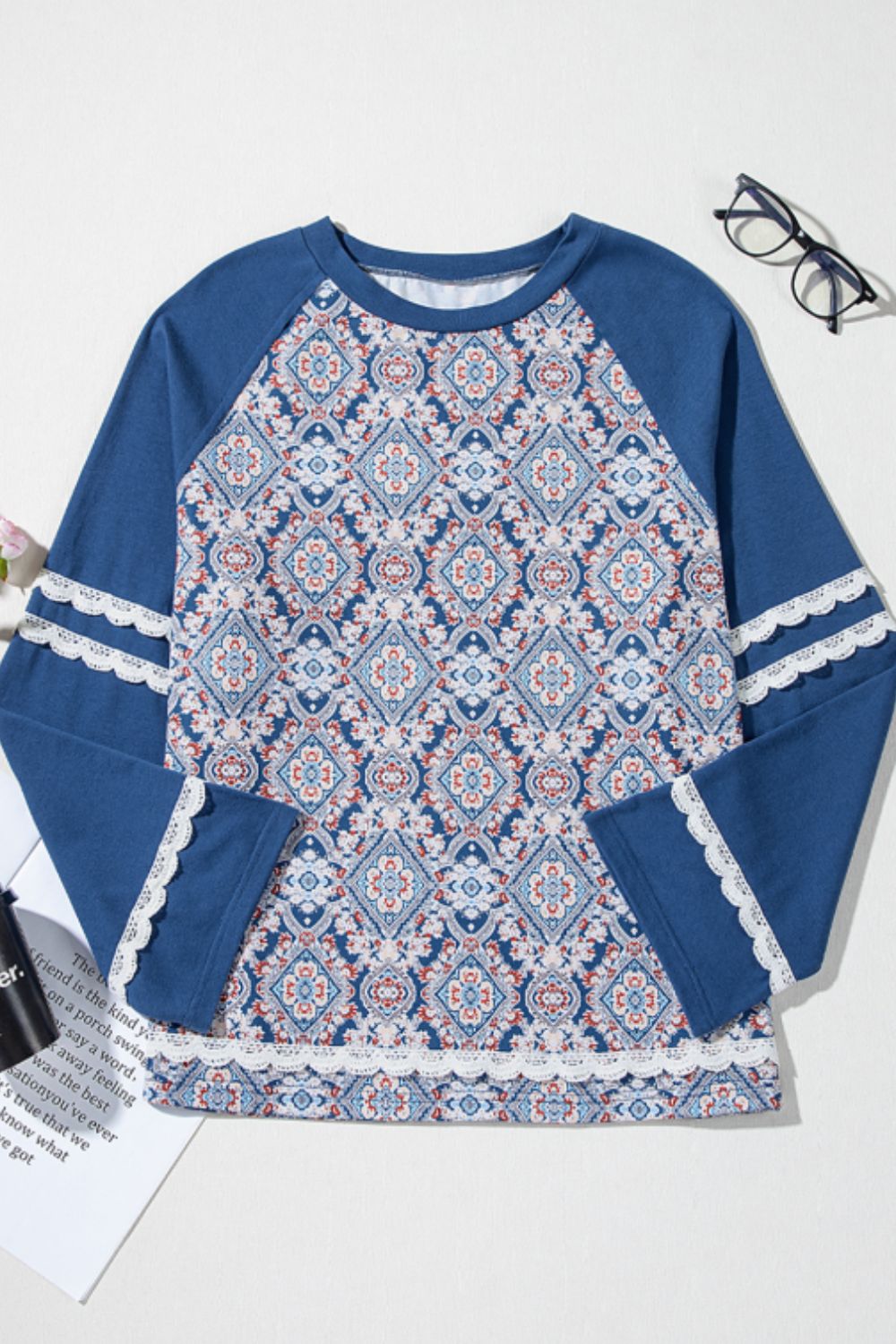 Lace Detail Geometric Round Neck Long Sleeve Top - Charming Charlie
