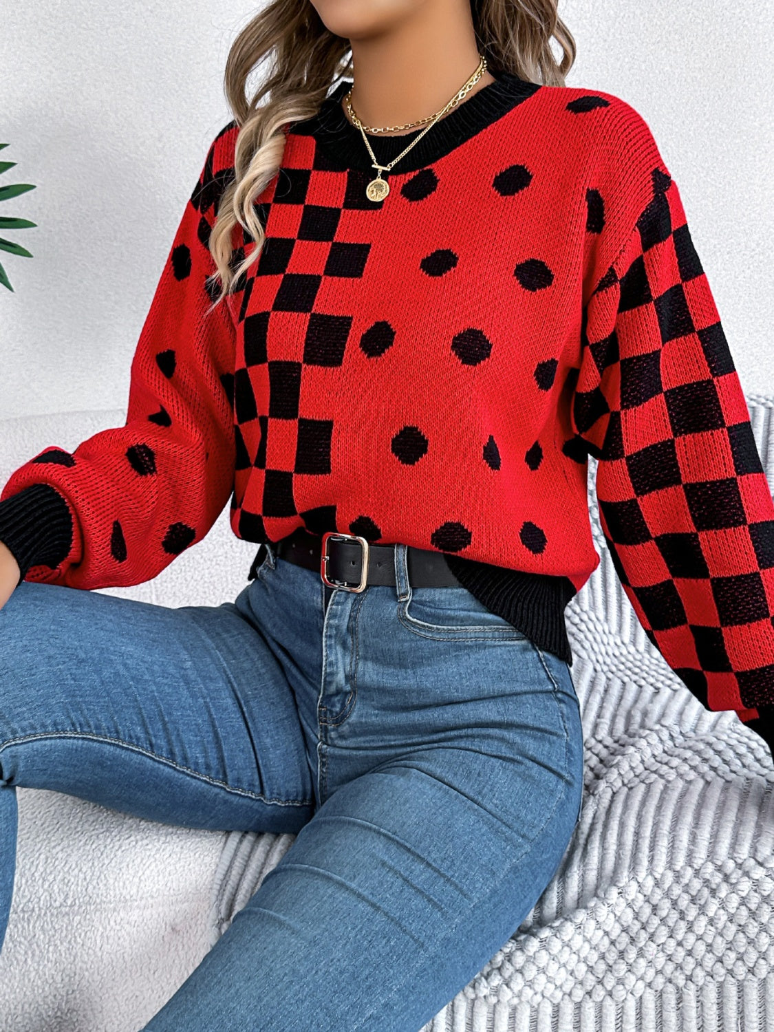 Plaid Round Neck Long Sleeve Sweater - Charming Charlie
