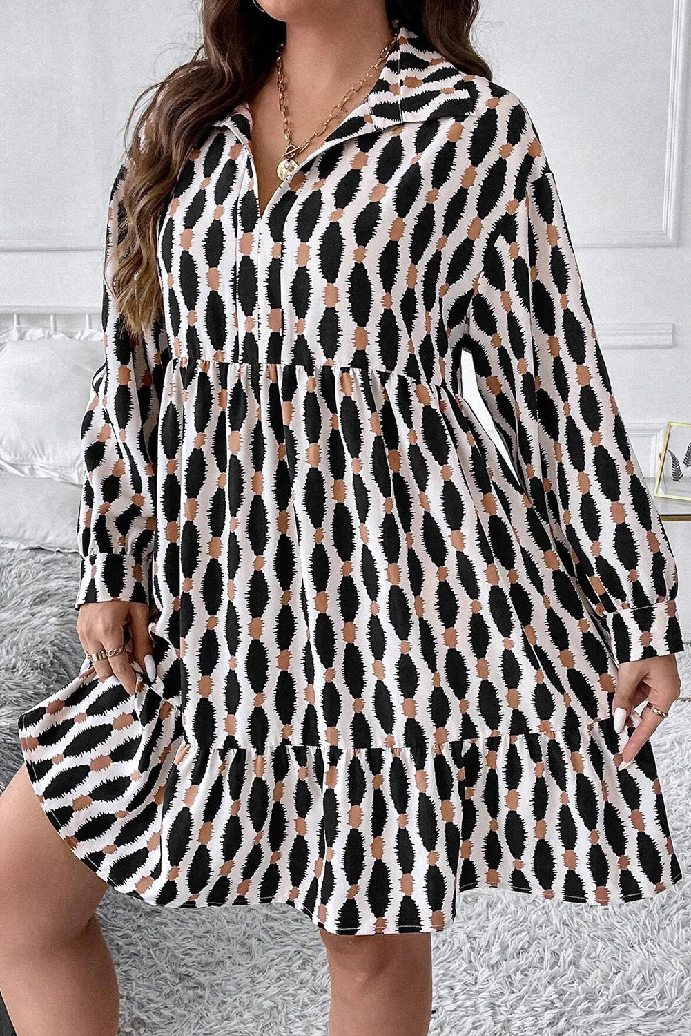 Plus Size Printed Johnny Collar Long Sleeve Dress - Charming Charlie