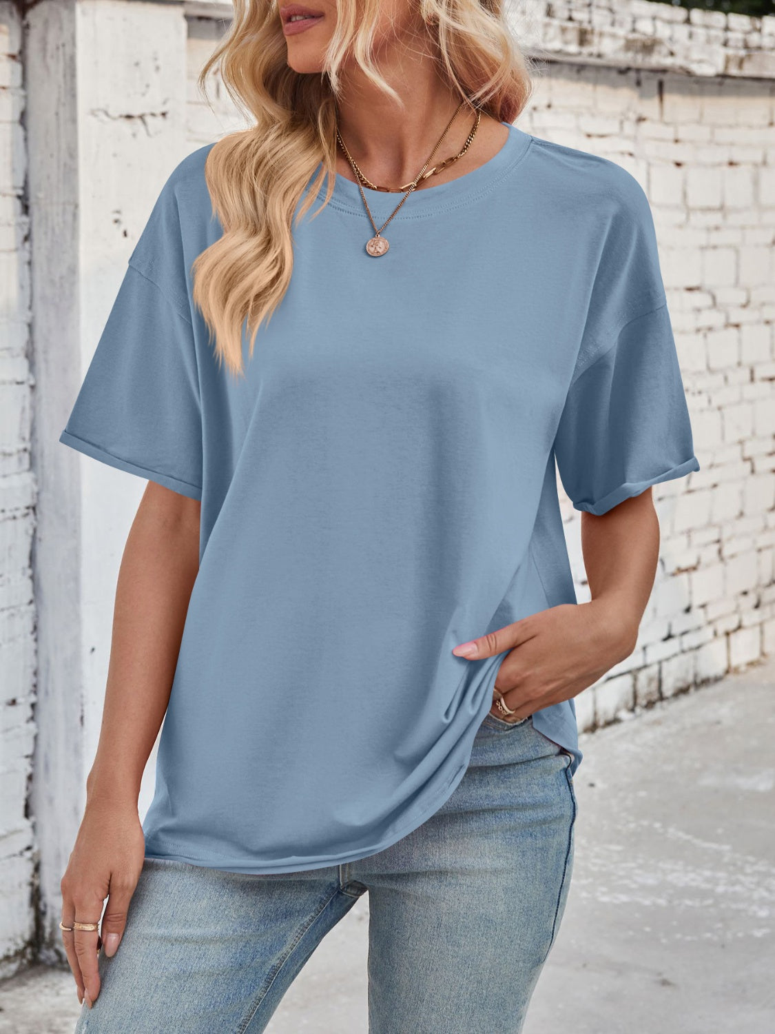 Lovelet Exposed Seam Round Neck Half Sleeve T-Shirt - Charming Charlie