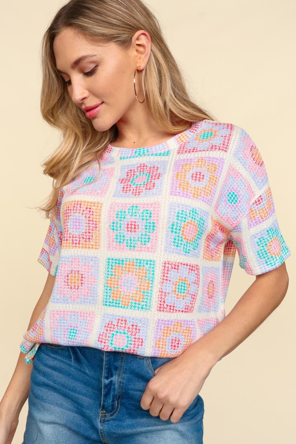 Haptics Flower Print Round Neck Short Sleeve T-Shirt - Charming Charlie