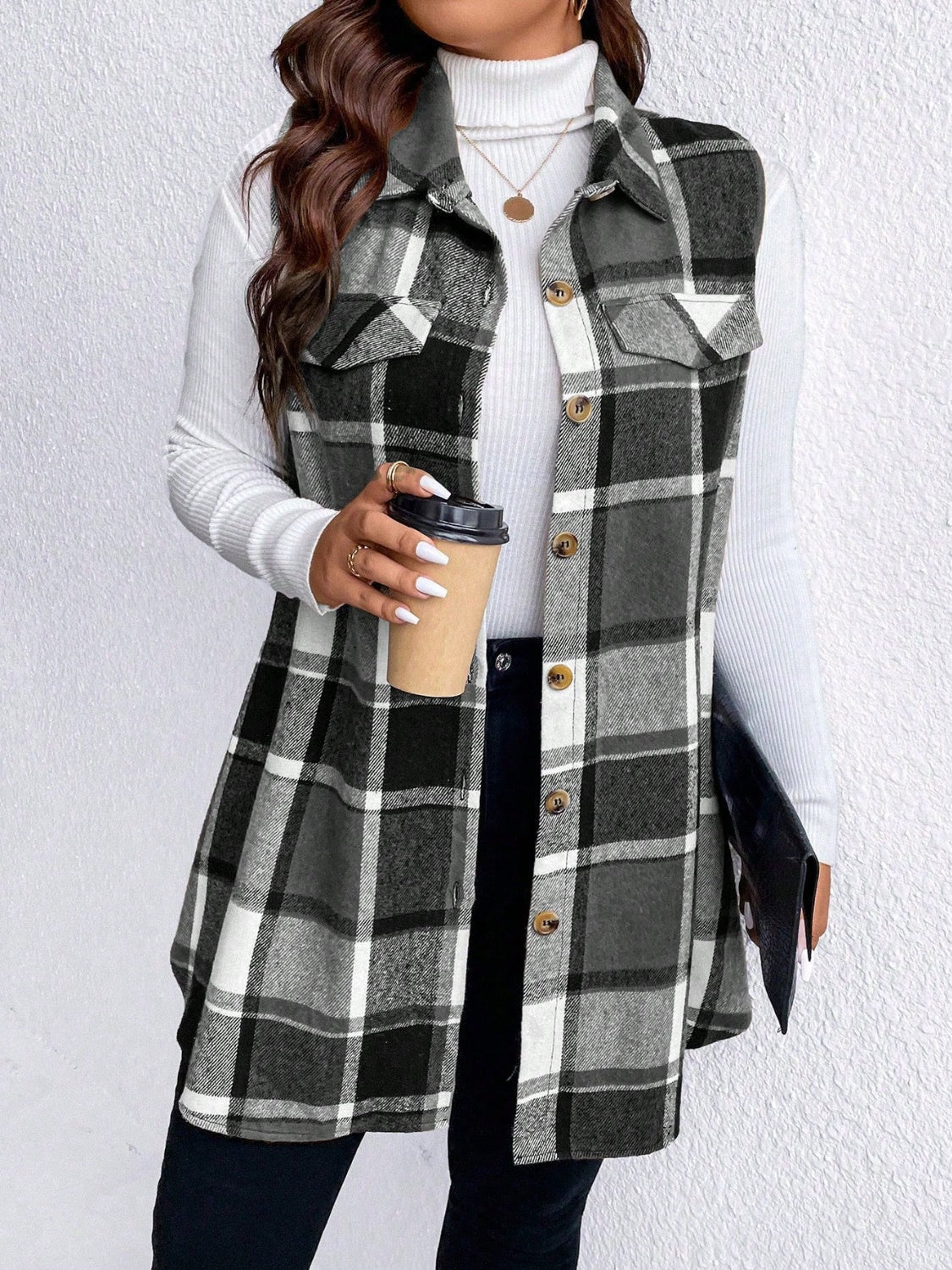Honey Plus Size Pocketed Plaid Button Up Vest Coat - Charming Charlie