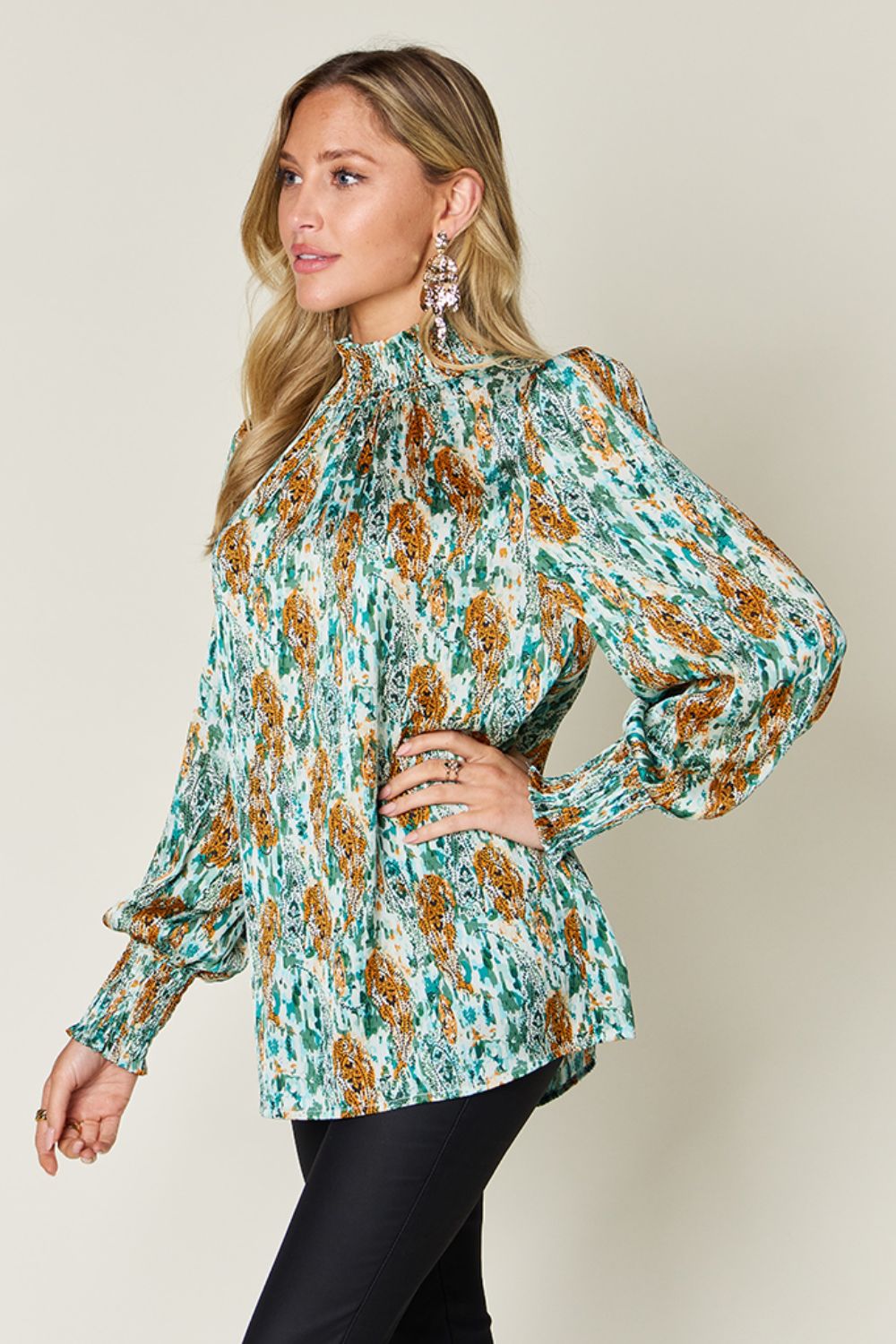 Double Take Full Size Printed Smocked Long Sleeve Blouse - Charming Charlie