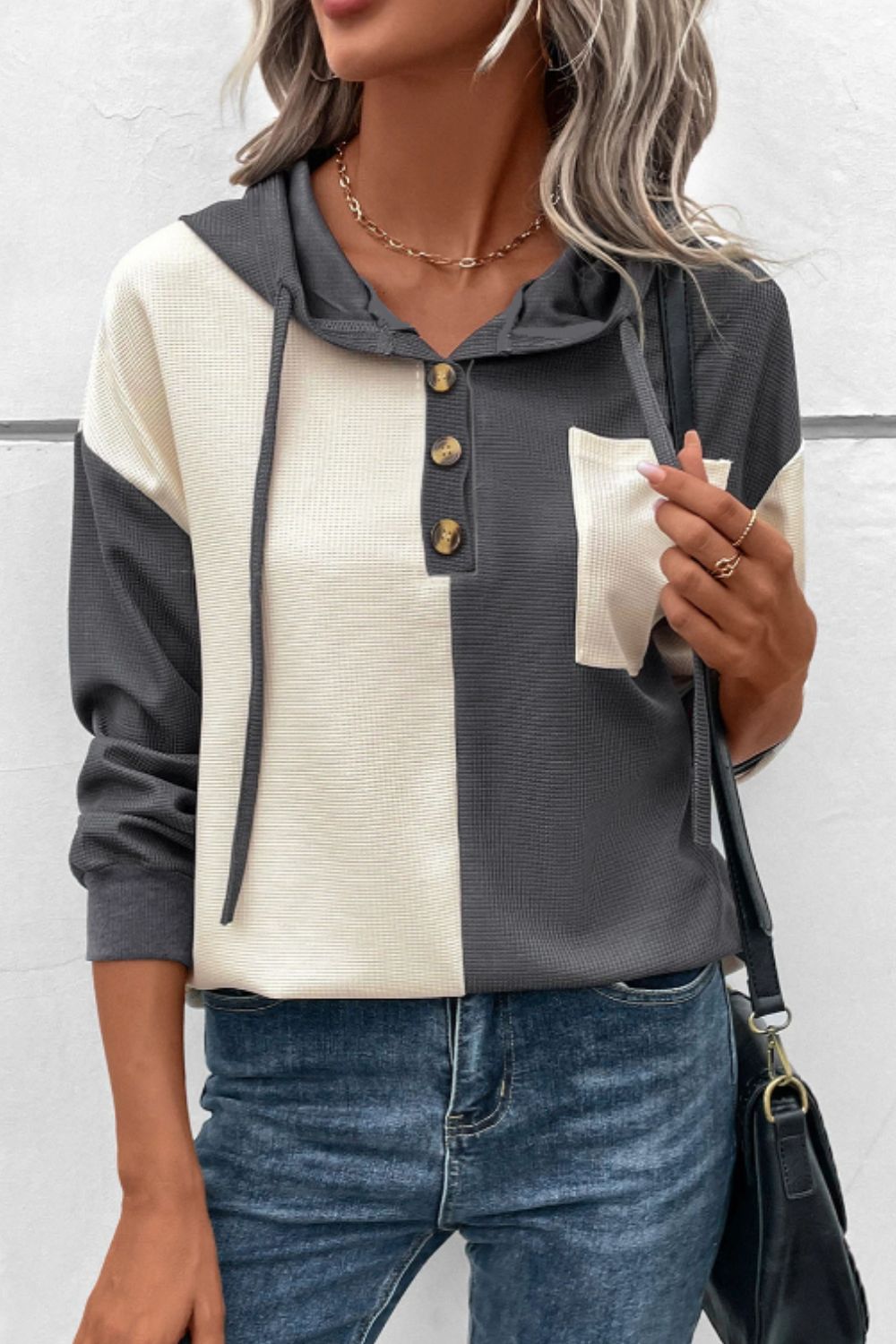 Waffle-Knit Two-Tone Long Sleeve Hoodie - Charming Charlie