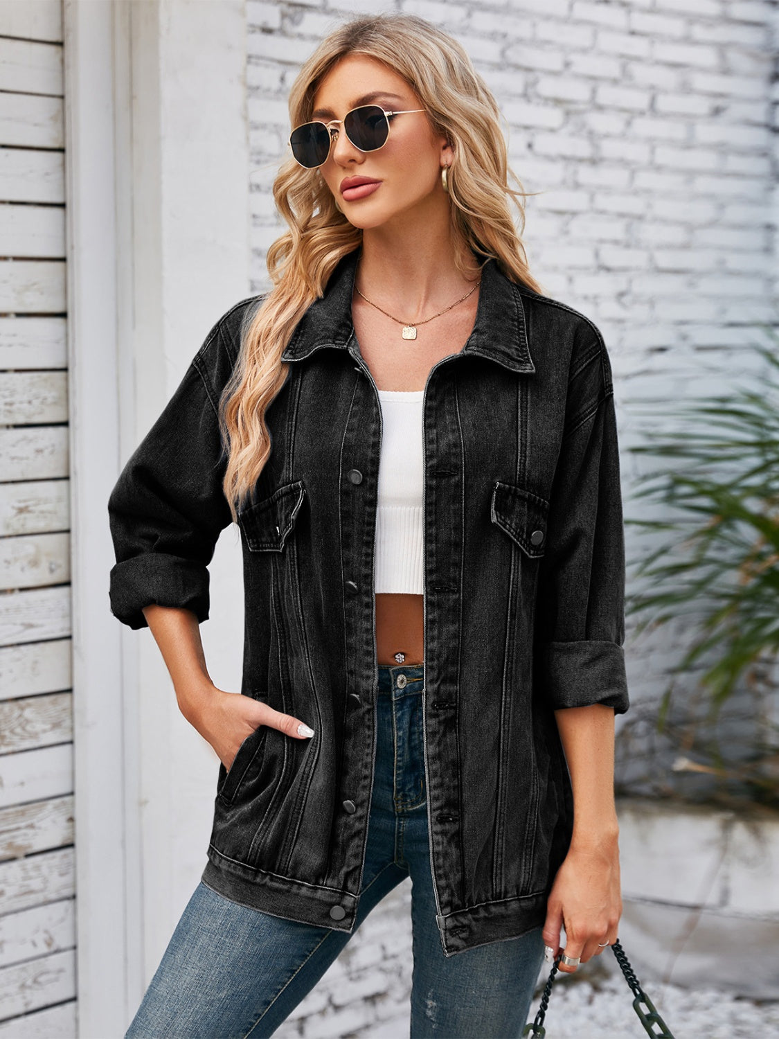 Button Up Long Sleeve Denim Jacket - Charming Charlie