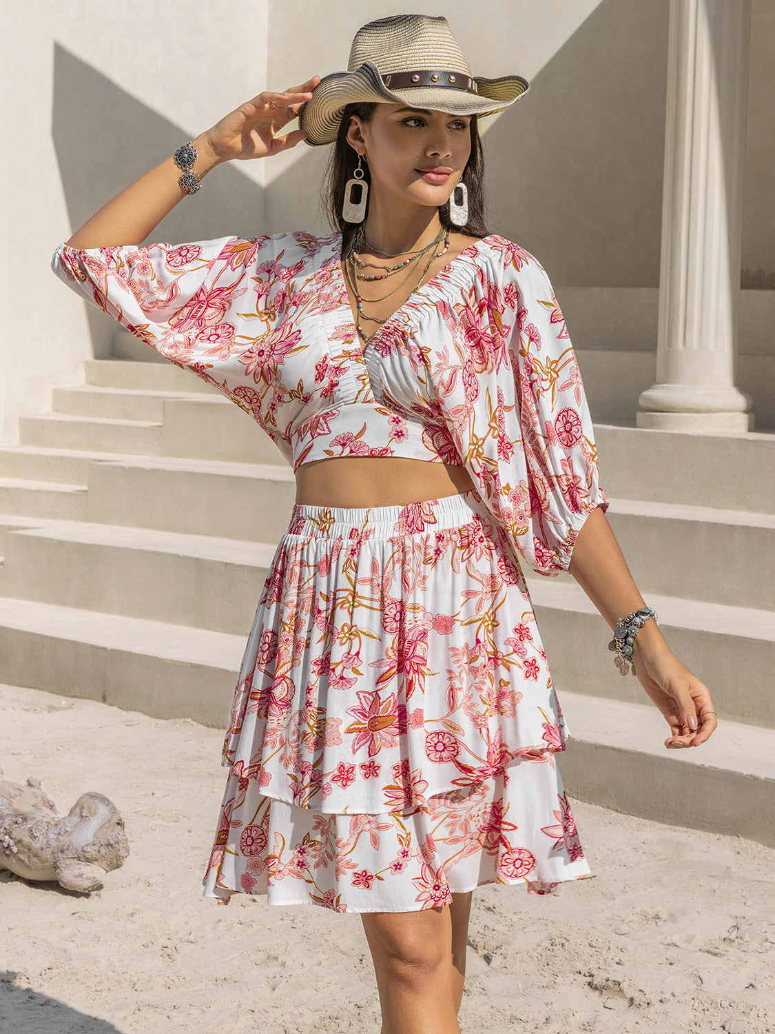 Printed Half Sleeve Top and Layered Skirt Set - Charming Charlie