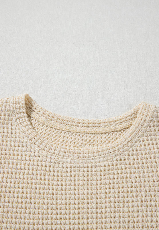 Waffle-Knit Printed Round Neck Flounce Sleeve Blouse - Charming Charlie