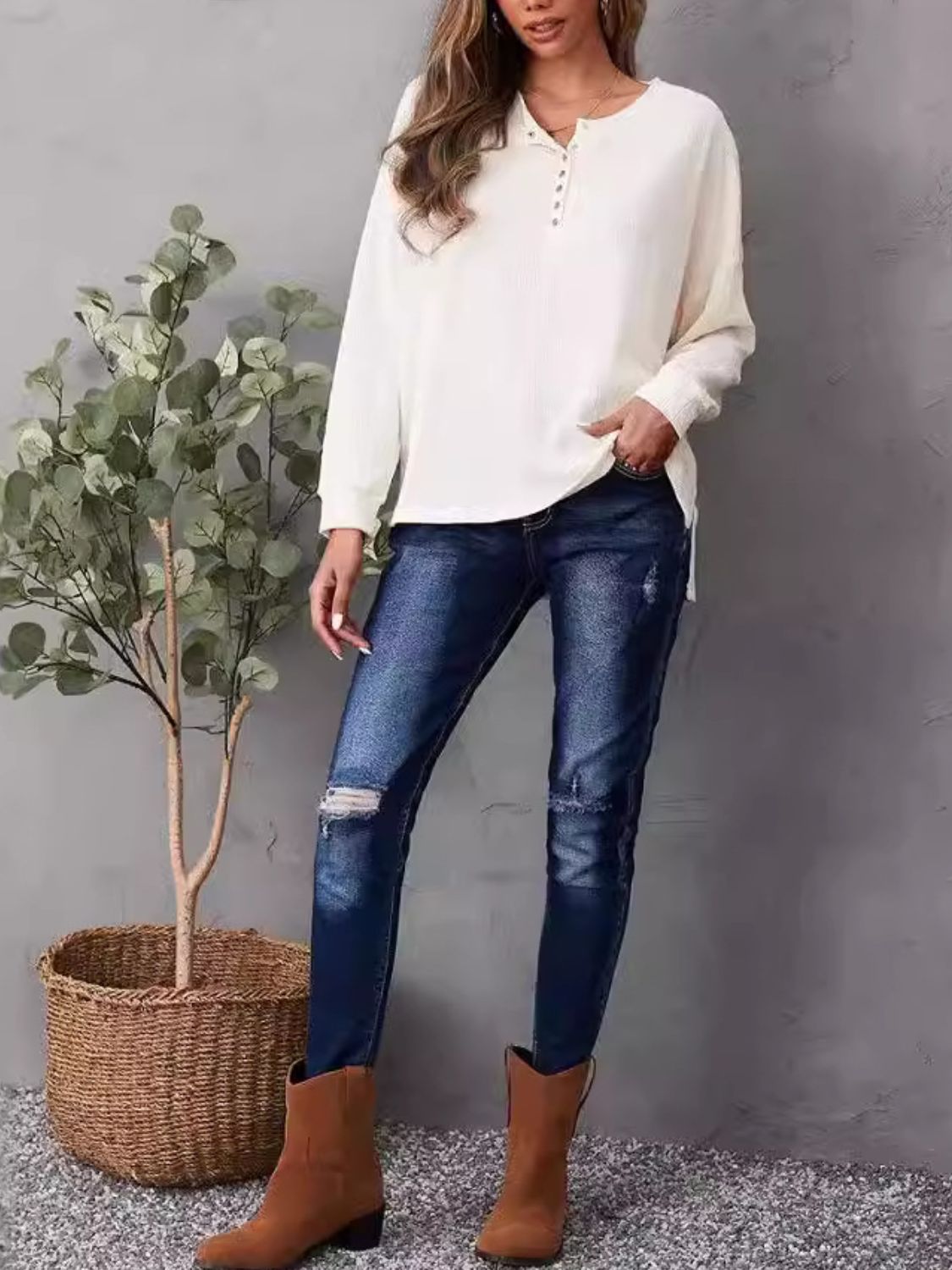 High-Low Quarter Snap Round Neck T-Shirt - Charming Charlie