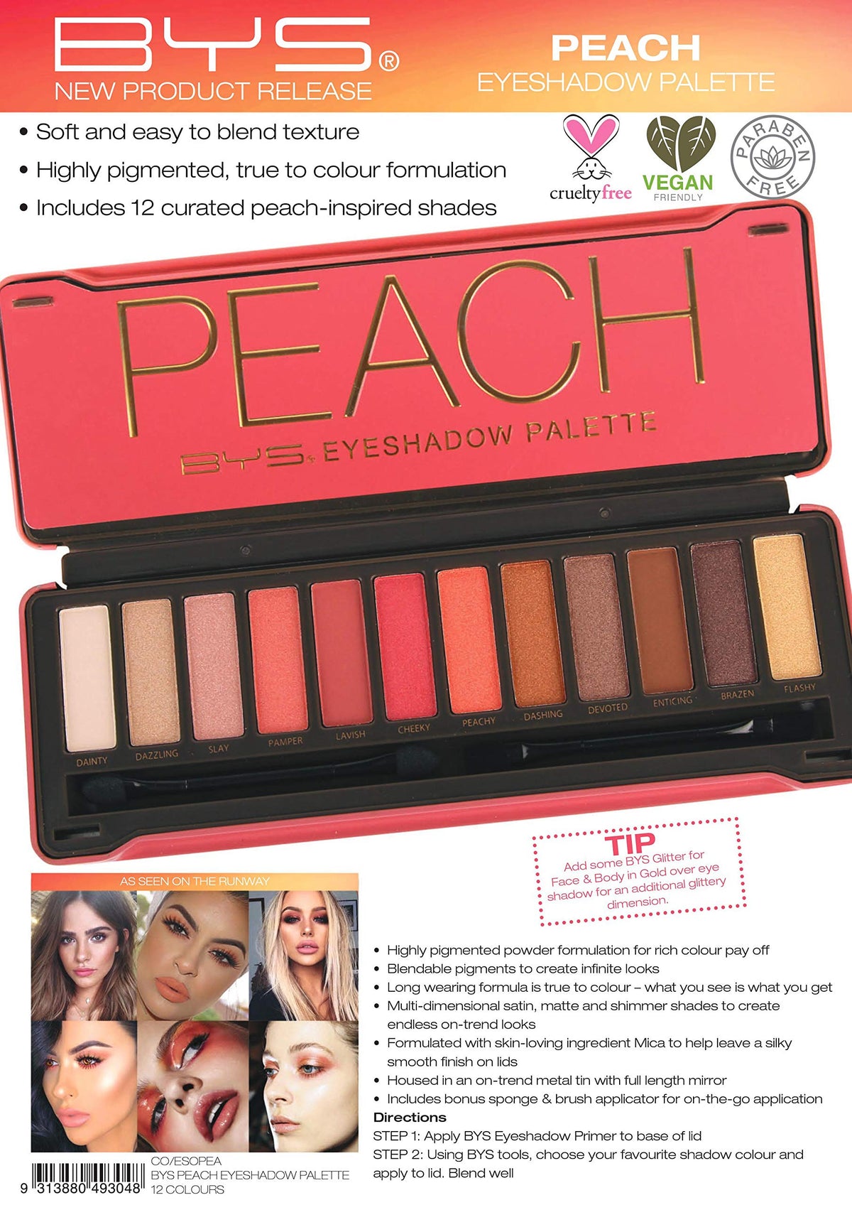 BYS Peach Eyeshadow Palette Tin with Mirror Applicator 12 Matte & Metallic Shades - Charming Charlie