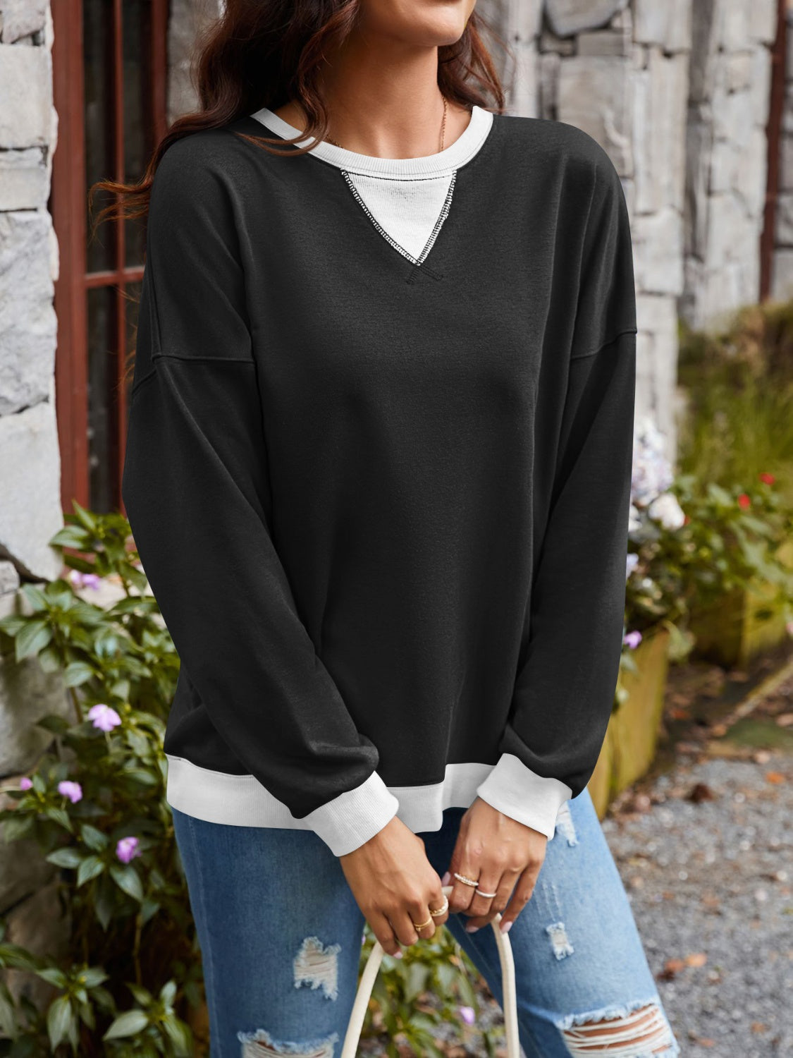 Contrast Round Neck Long Sleeve Sweatshirt - Charming Charlie