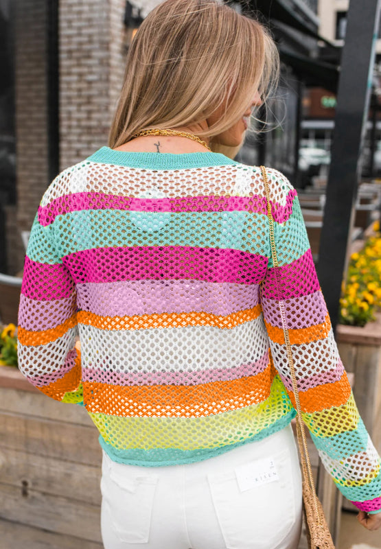 Openwork Contrast Striped Round Neck Knit Top - Charming Charlie