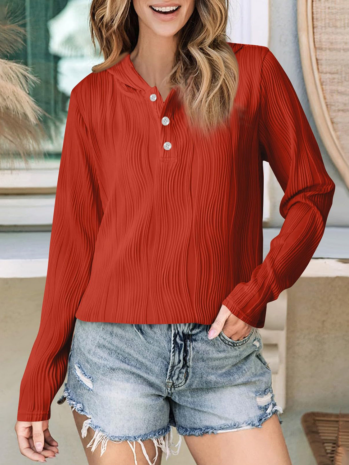 Textured Long Sleeve Hoodie - Charming Charlie