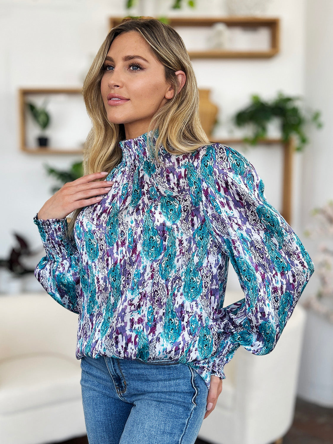Double Take Full Size Printed Smocked Long Sleeve Blouse - Charming Charlie