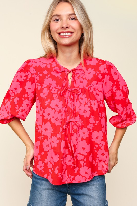 Haptics Full Size Ribbon Bow Floral Balloon Sleeve Blouse - Charming Charlie