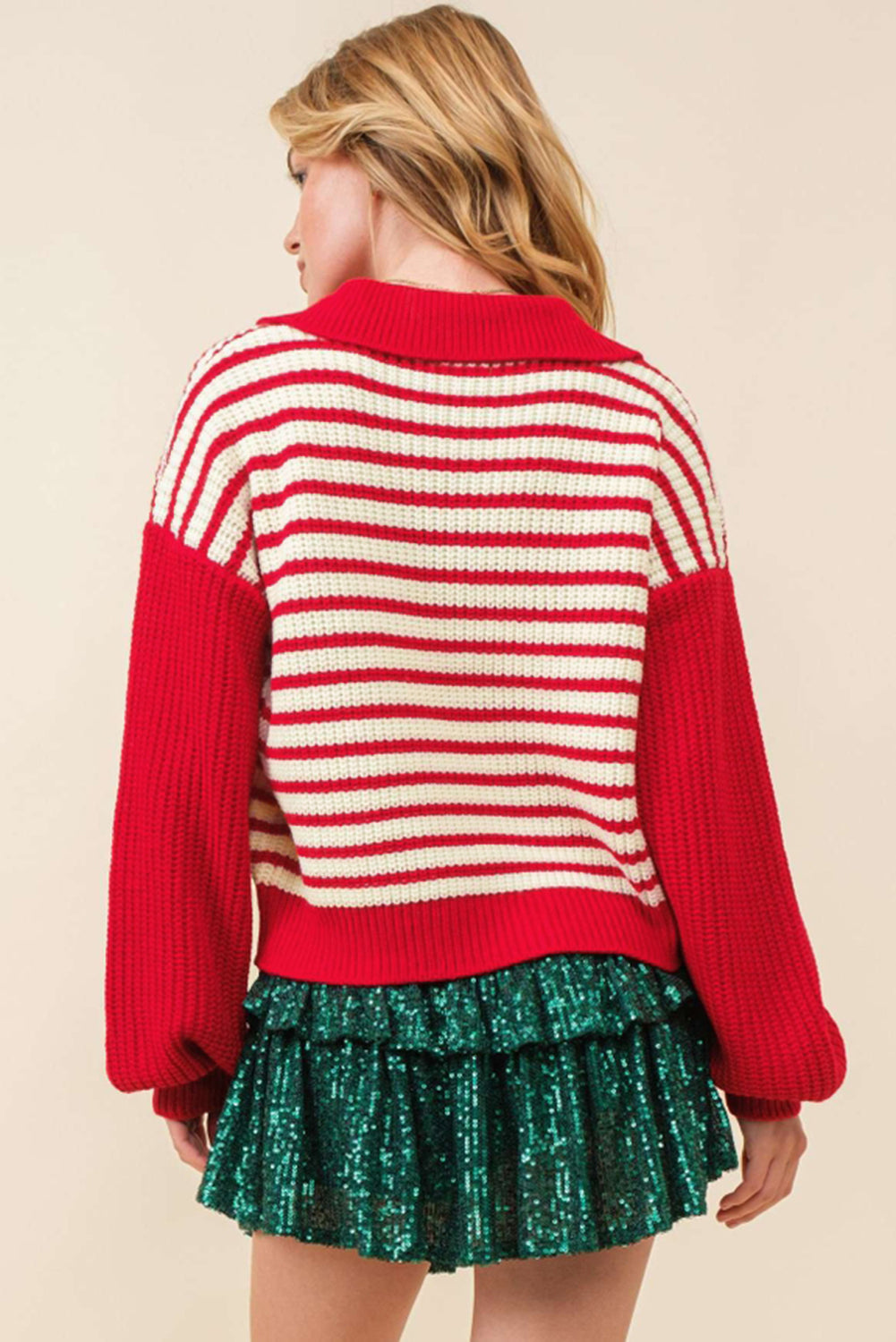 Striped Johnny Collar Long Sleeve Sweater - Charming Charlie