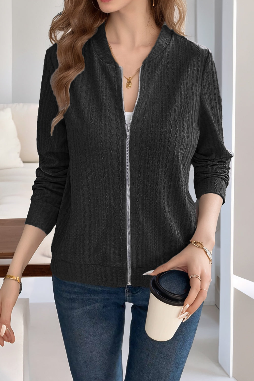 Baseball Collar Zip Up Long Sleeve Jacket - Charming Charlie