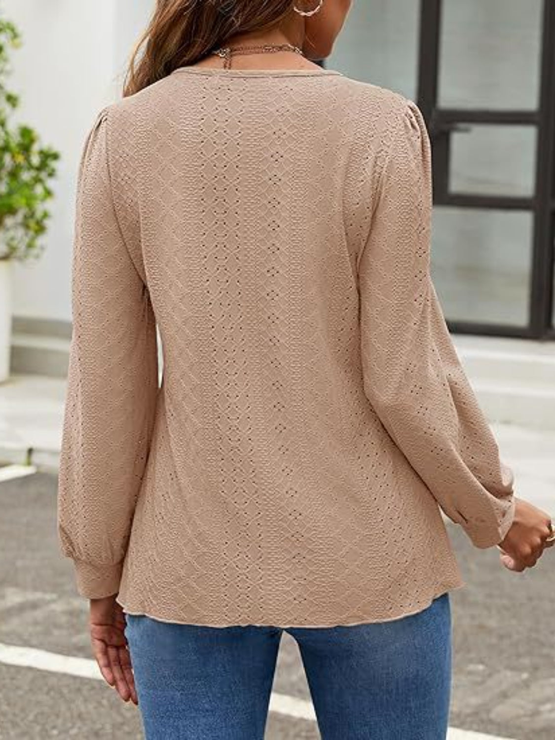 Eyelet Round Neck Long Sleeve Top - Charming Charlie