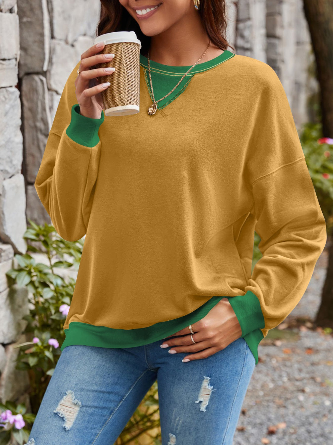 Contrast Round Neck Long Sleeve Sweatshirt - Charming Charlie