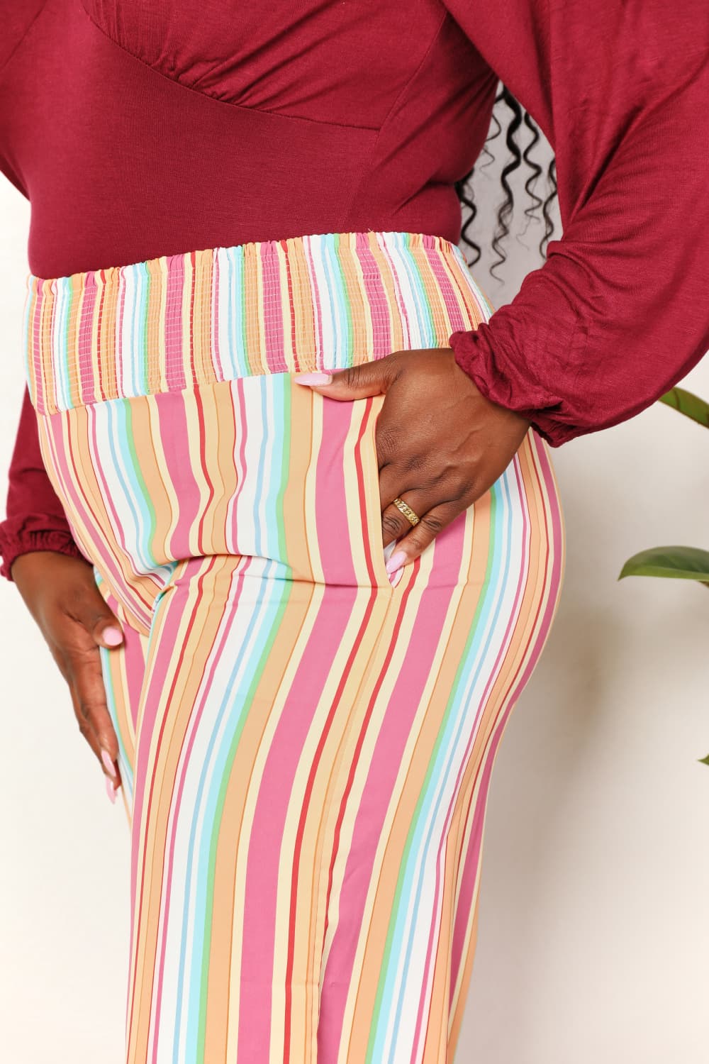 Double Take Striped Smocked Waist Pants with Pockets - Charming Charlie