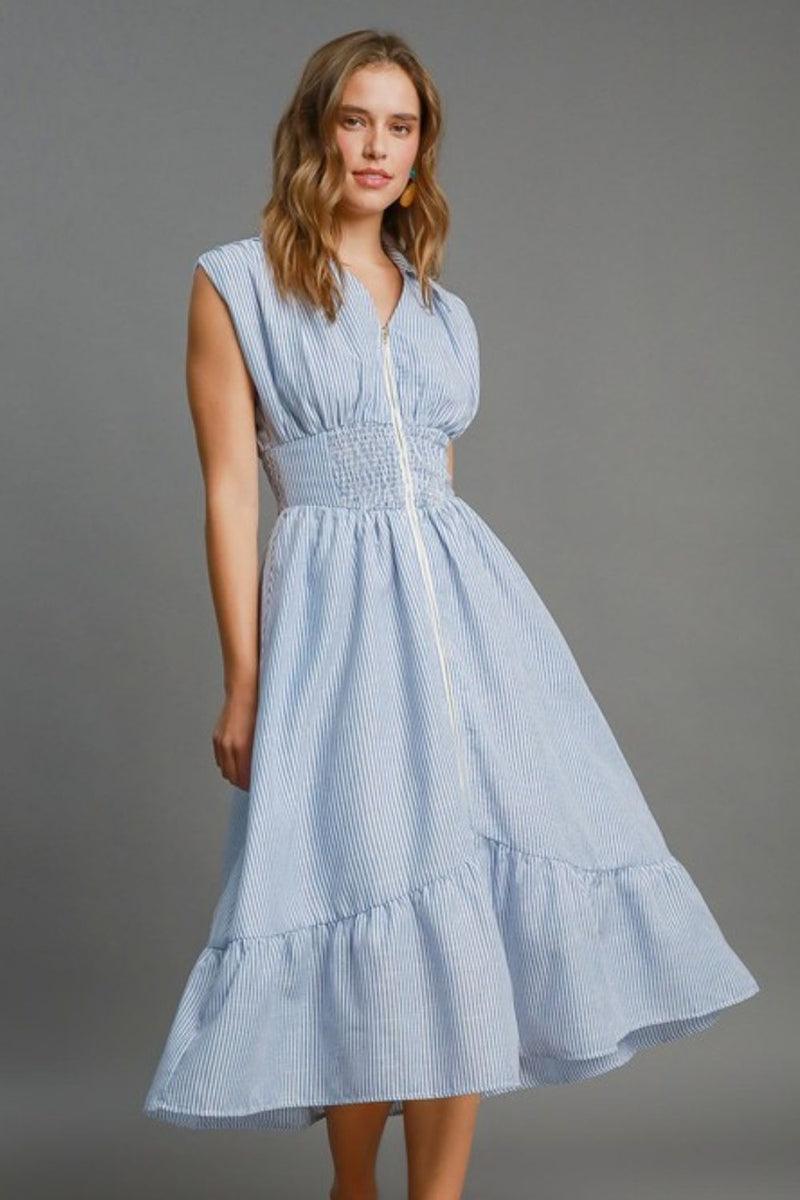 Umgee Full Size Printed Notched Puff Sleeve Midi Dress Plus Size