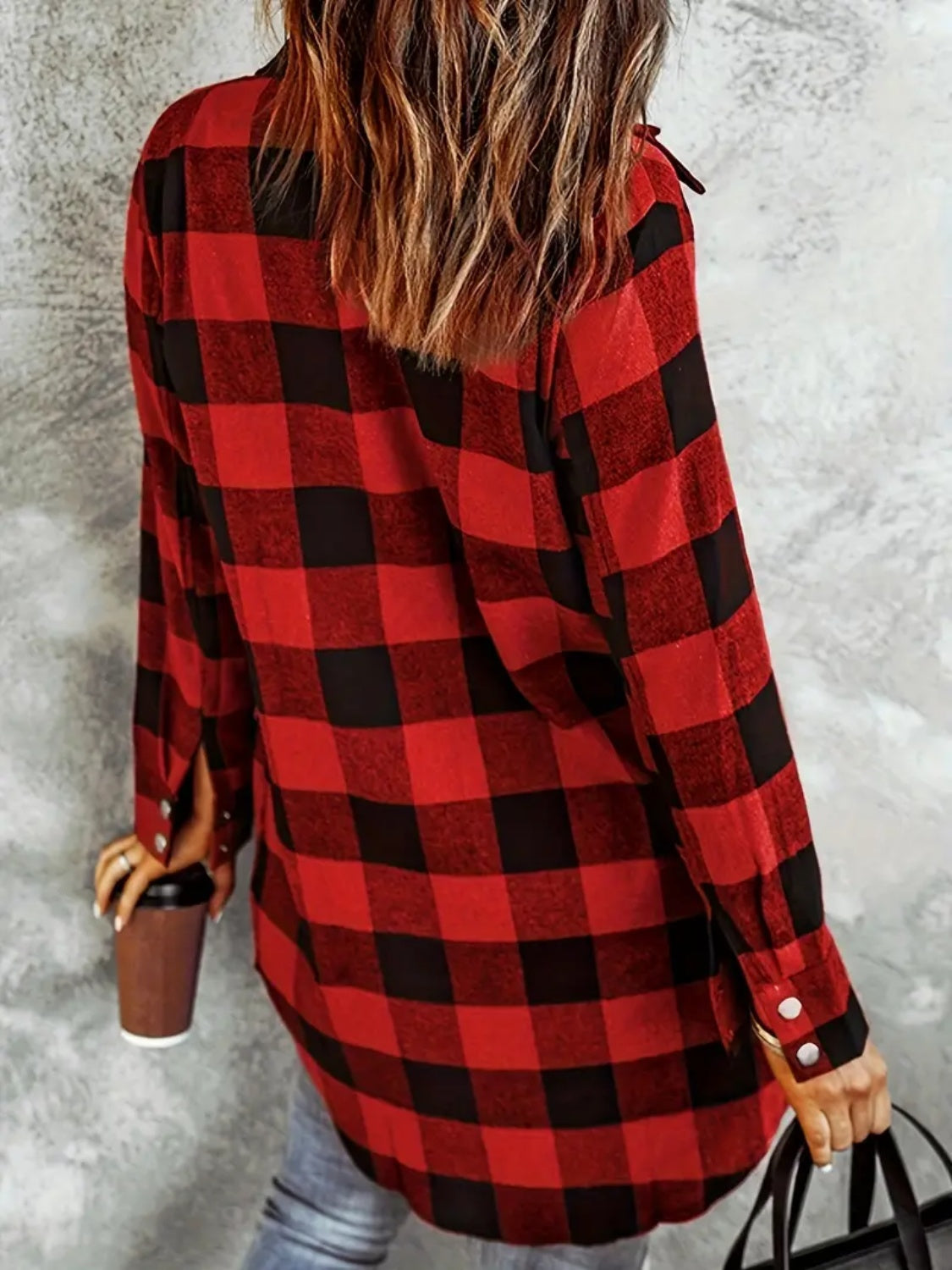 Plaid Collared Neck Snap Down Long Sleeve Jacket - Charming Charlie