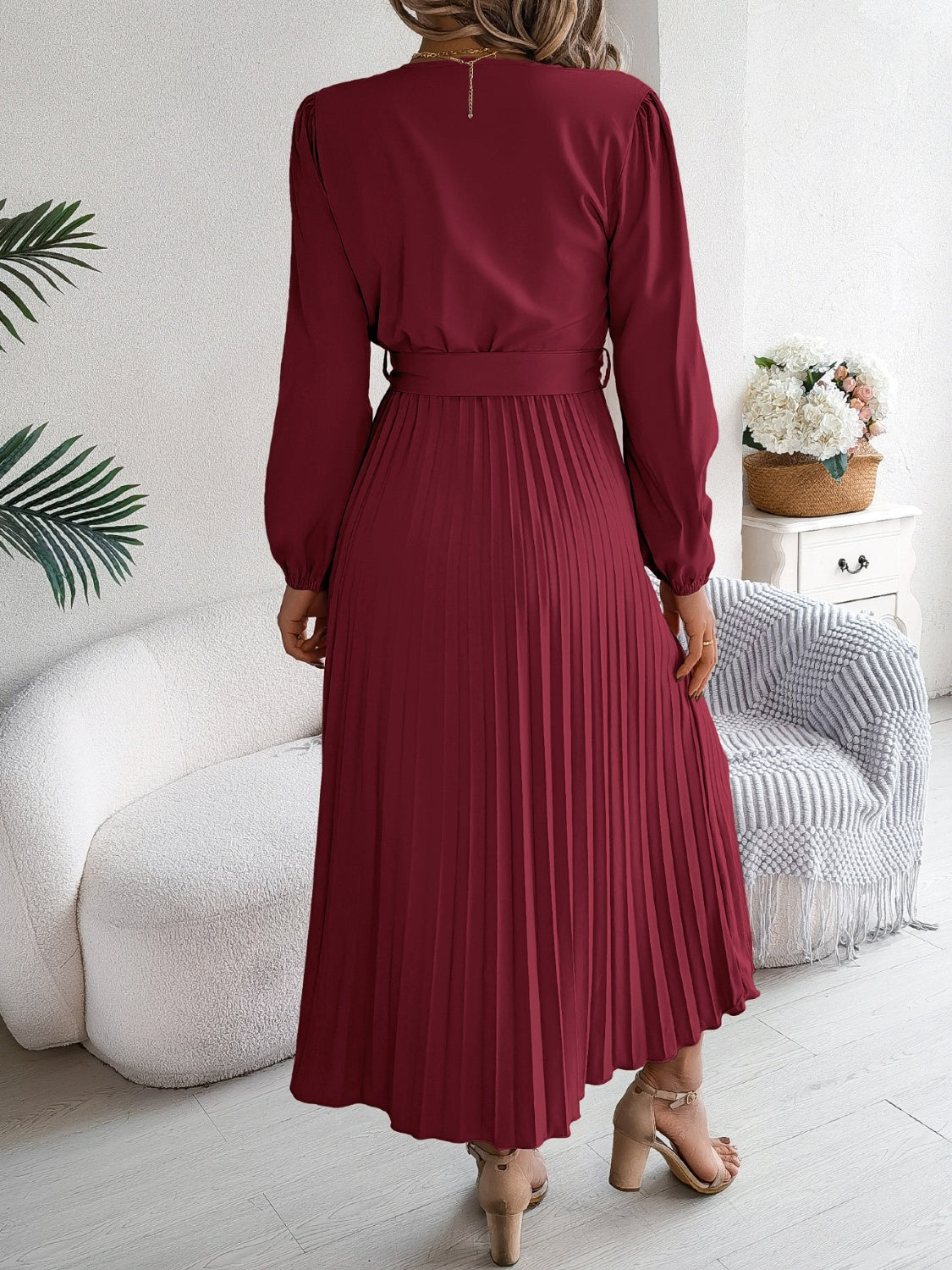 Pleated Tied V-Neck Long Sleeve Dress - Charming Charlie