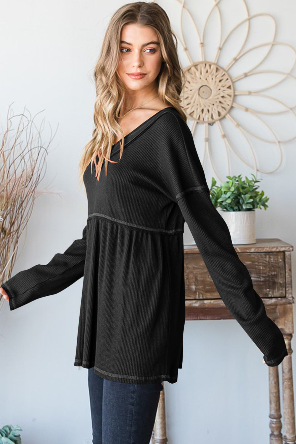Heimish Full Size V-Neck Long Sleeve Ribbed Babydoll Top - Charming Charlie