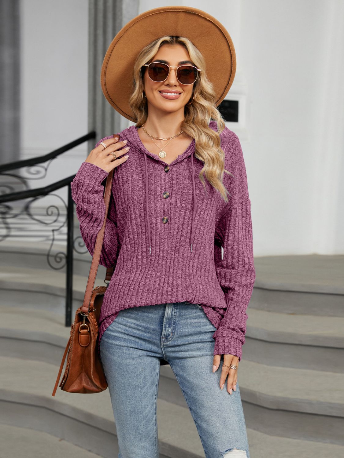 Half Button Long Sleeve Hooded Top - Charming Charlie