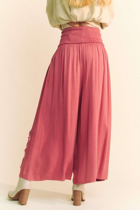 Davi & Dani Smocked Waist Flower Patch Wide Leg Pants - Charming Charlie