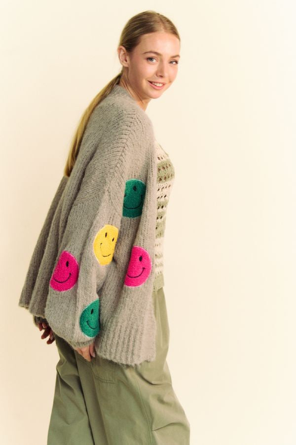 Davi & Dani Fuzzy Smile Open Front Long Sleeve Cardigan - Charming Charlie