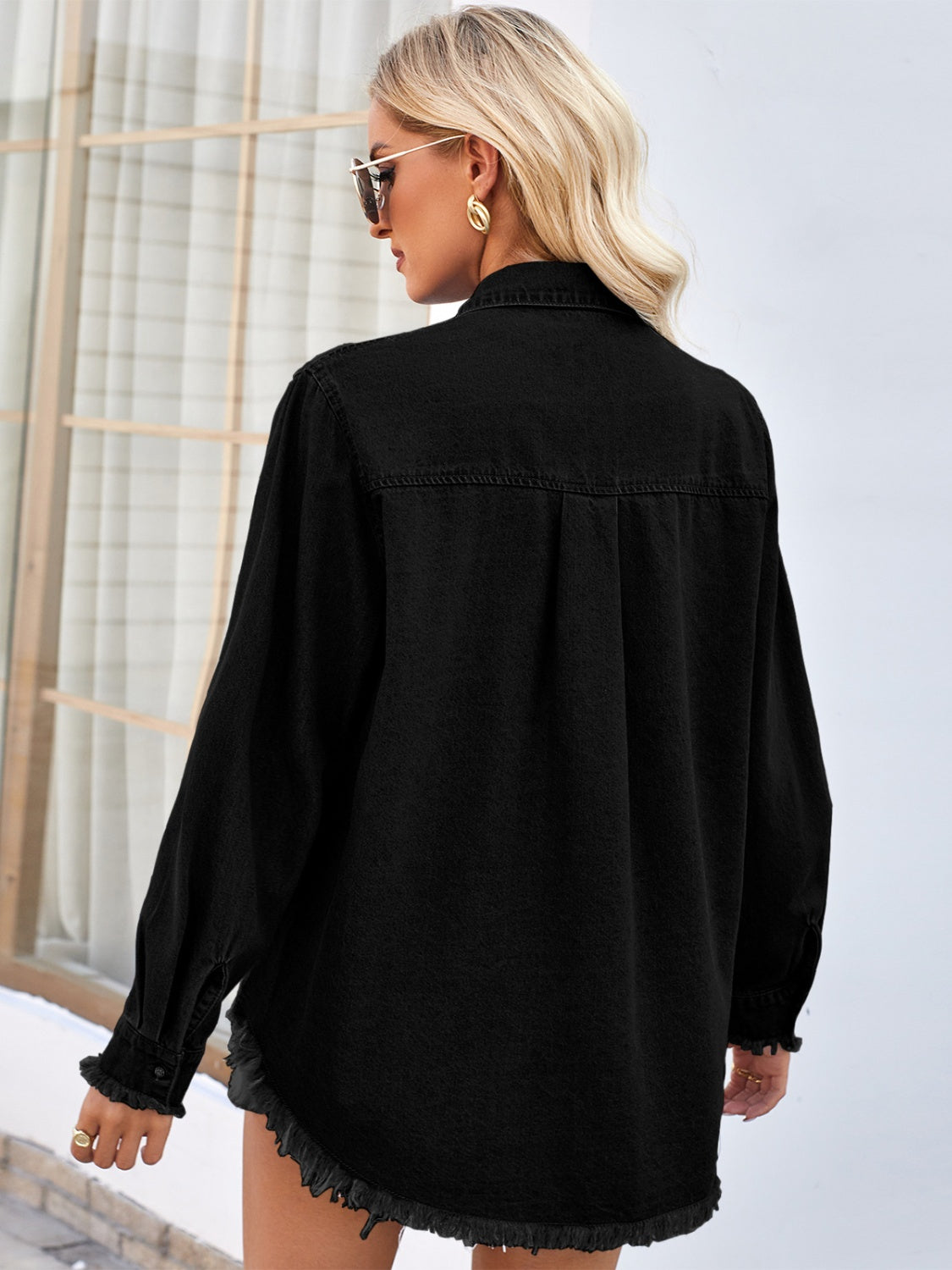 Raw Hem Button Up Long Sleeve Denim Jacket with Sequin Pockets - Charming Charlie