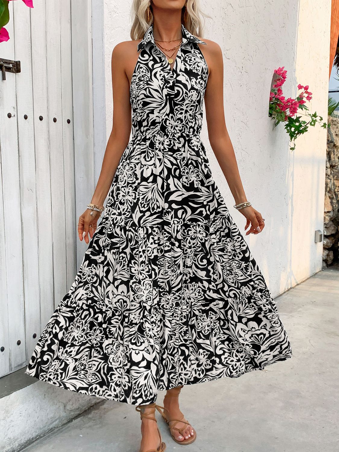 Backless Smocked Printed Sleeveless Midi Dress - Charming Charlie